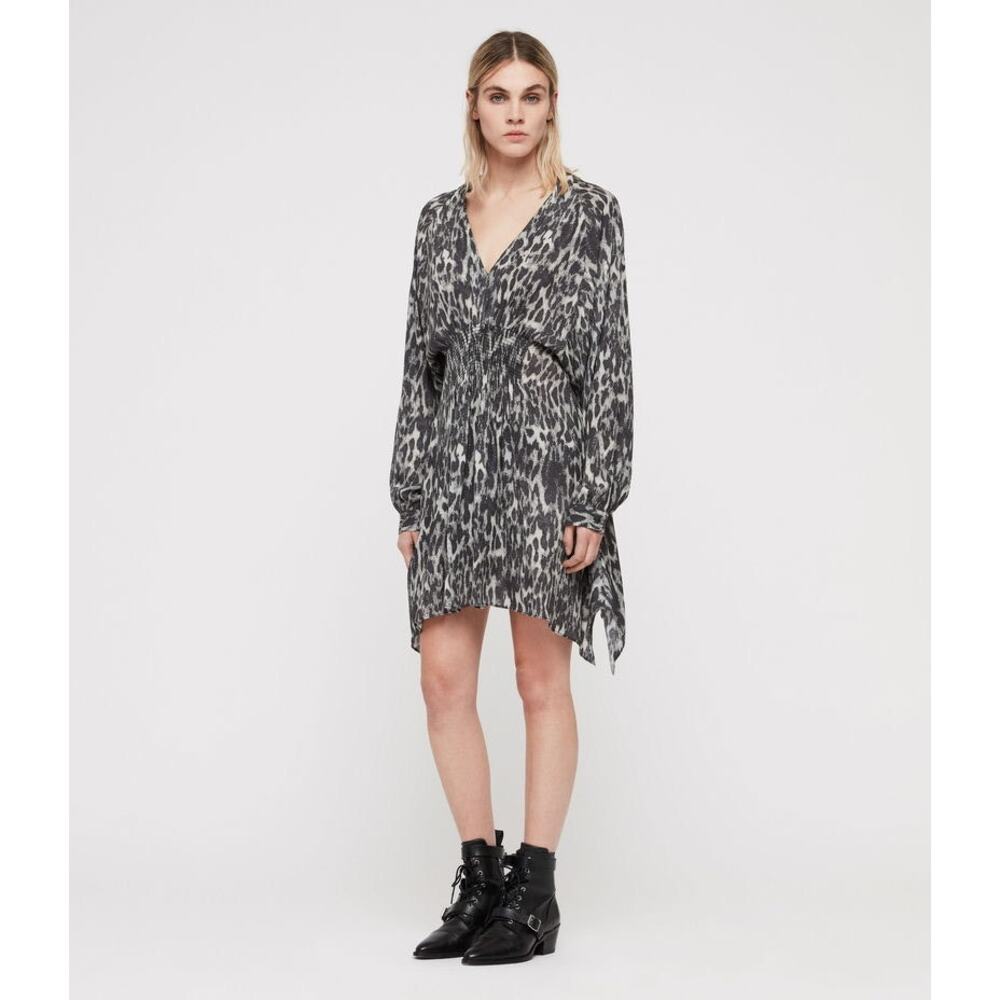 All Saints Nichola Gray Leopard Animal V-Neck Handkerchief Mini Dress Size M - Picture 3 of 15